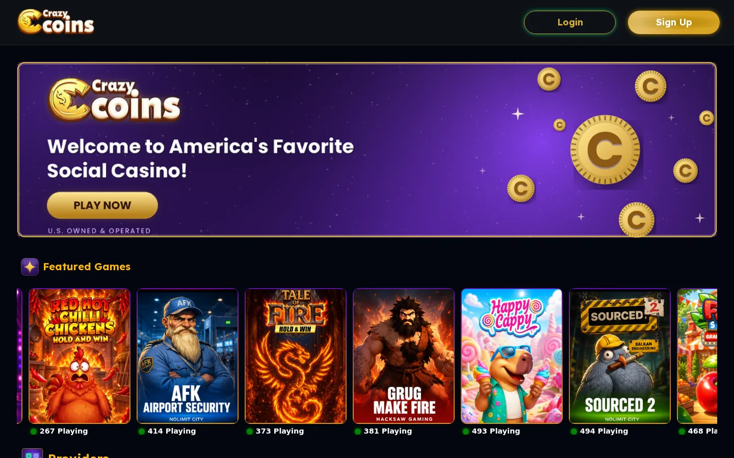 Screenshot of the CrazyCoins Casino website