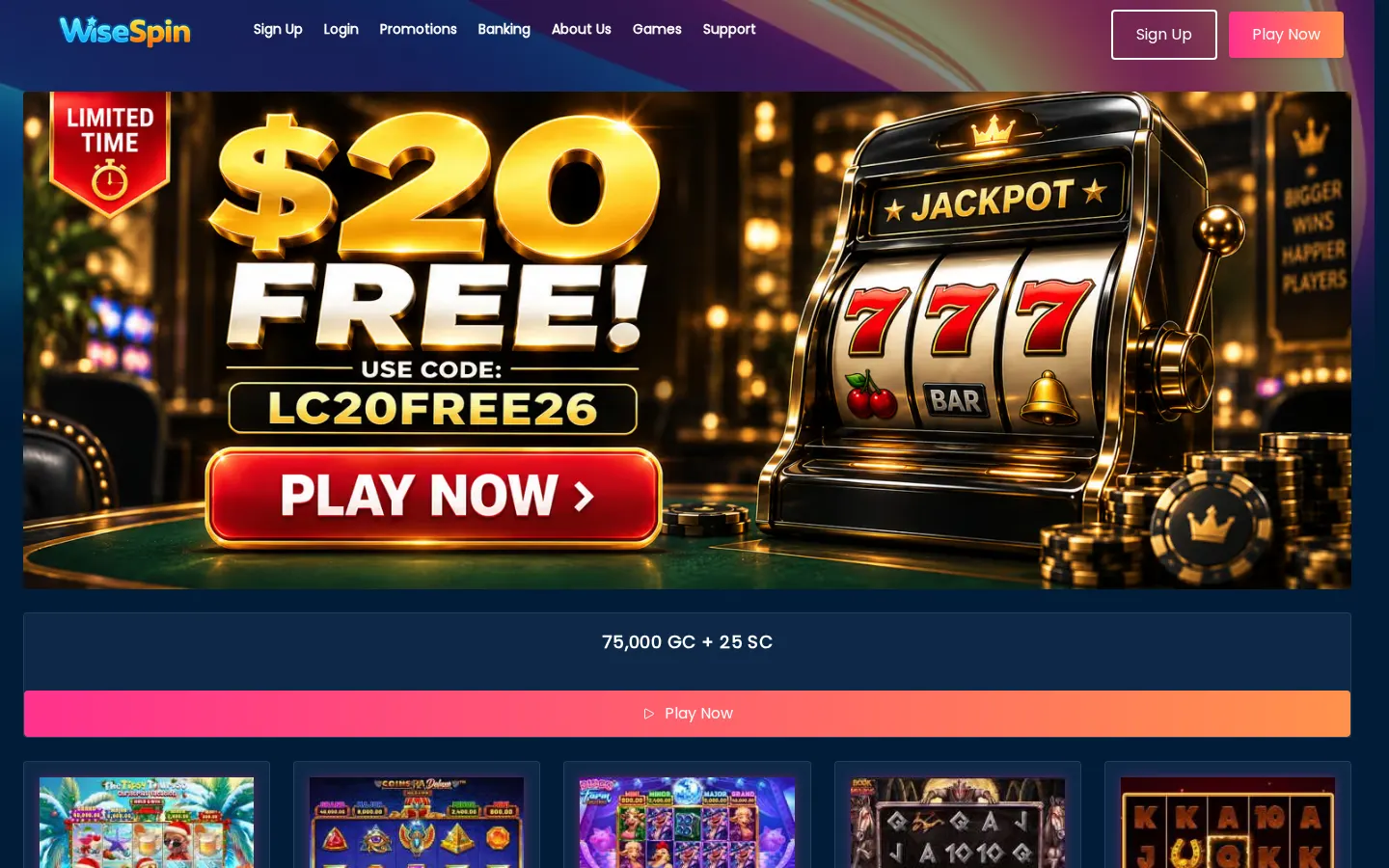 Screenshot of the WiseSpin Casino website